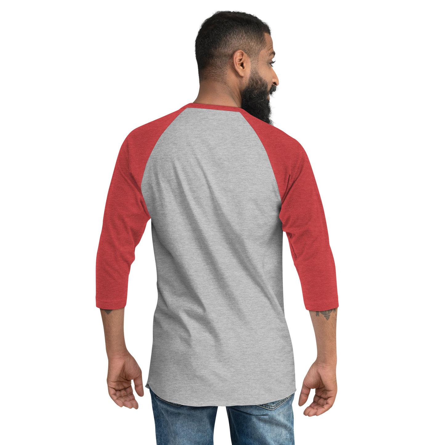 unisex 3/4 sleeve raglan shirt heather grey and heather red back